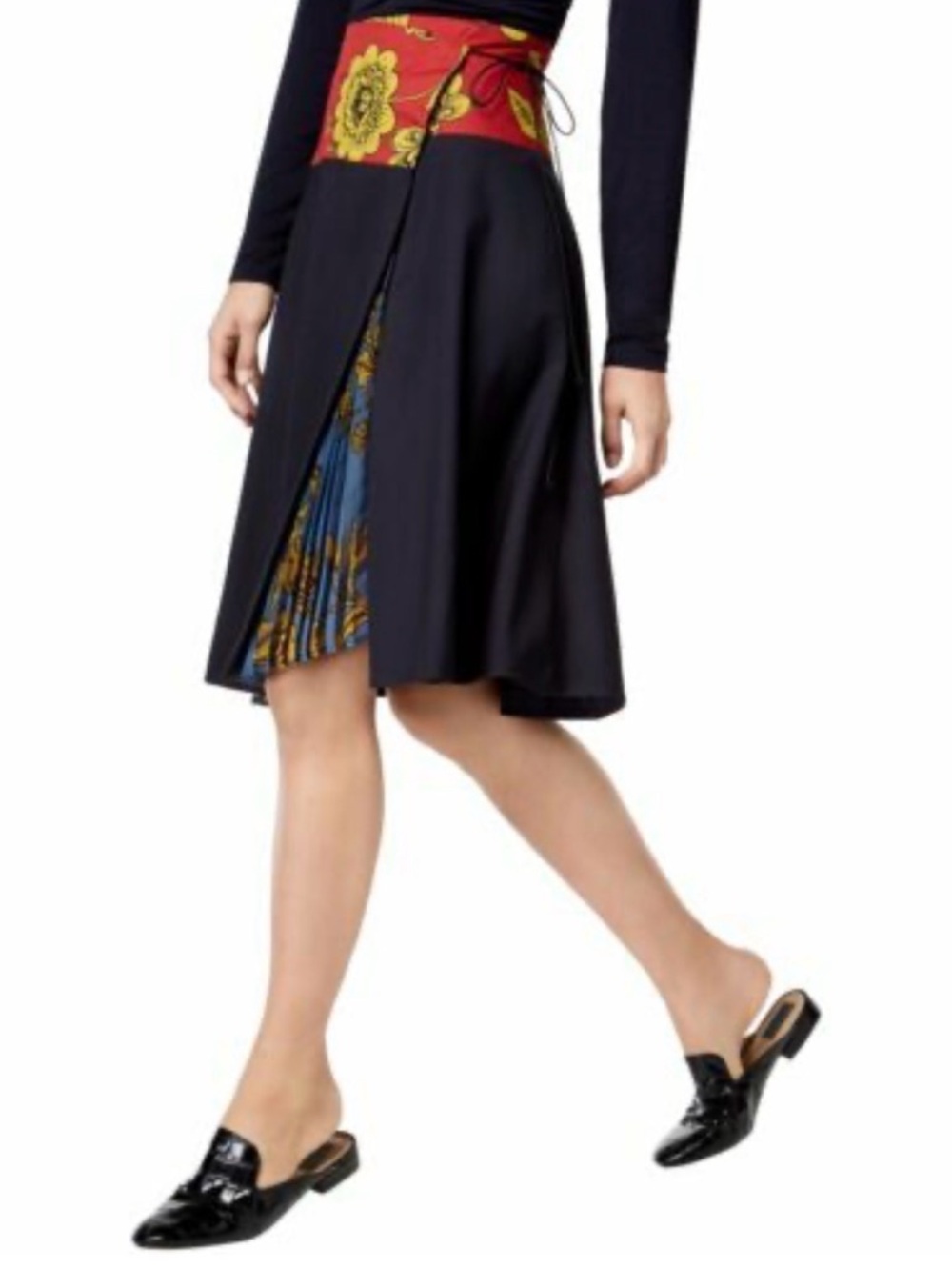 MaxMara Black A-Line Skirt with Red Waist Panel and Blue Printed Insert